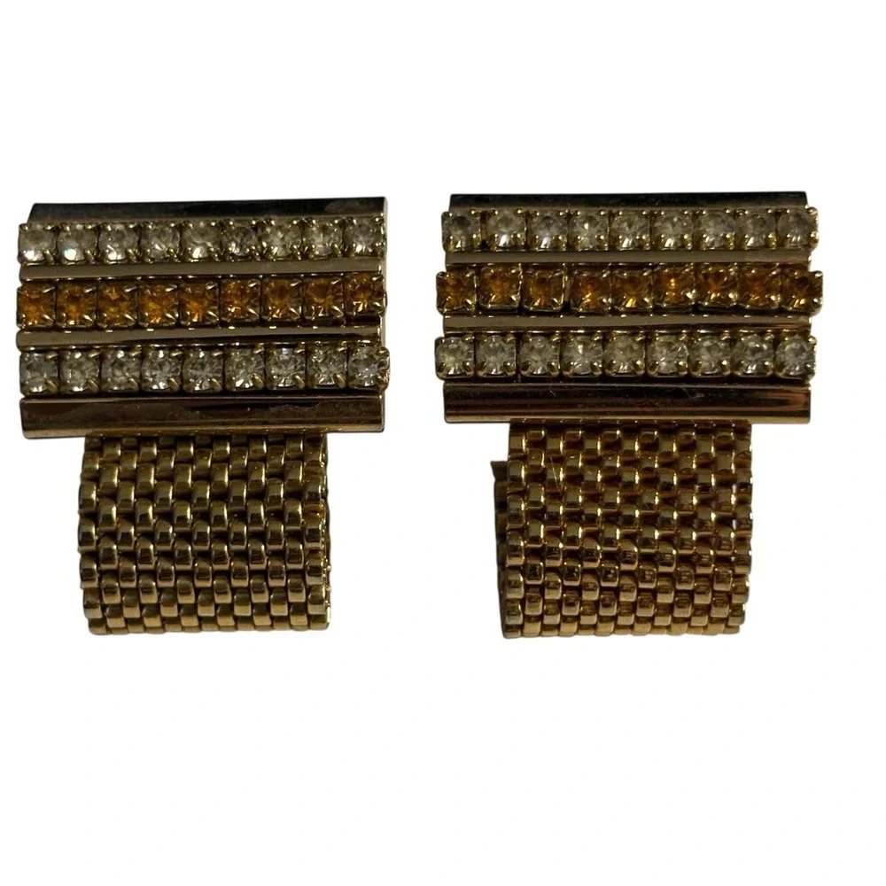 Vintage Cufflinks Yellow & Clear Rhinestone Gold Tone Mesh Wrap Around MCM Retro